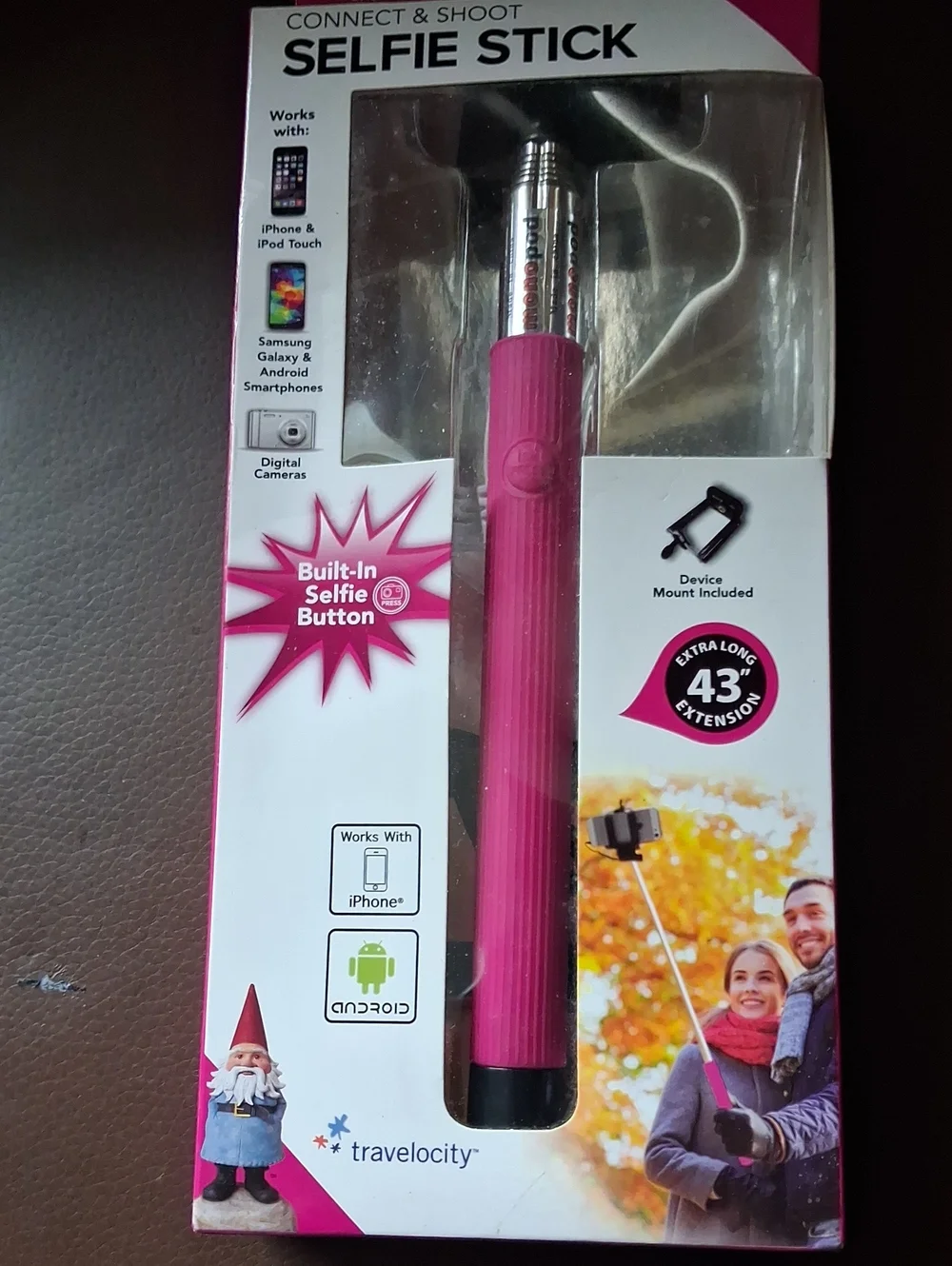 Velocity Pink Selfie Stick with Built-In Button and Phone Mount